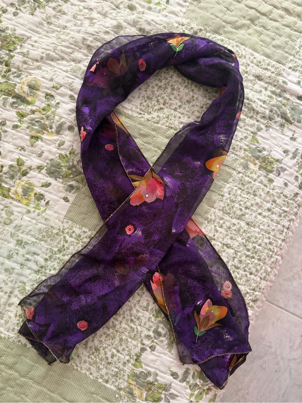 Vintage Purple Floral Sheer Scarf